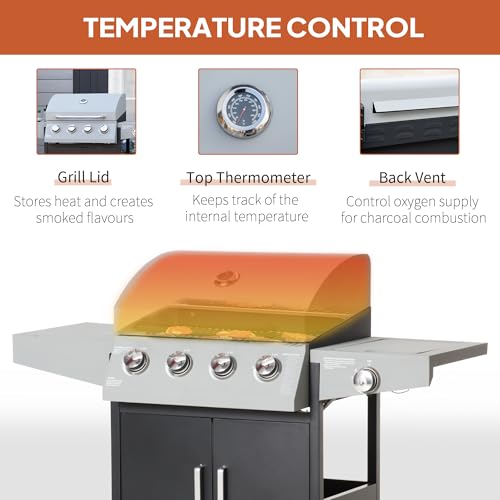 Outsunny 4 Burner Propane Gas Grill with Side Burner, 48,000 BTU Steel Outdoor Barbecue Grill with Cabinet, Shelf, Warming Rack, Thermometer, Wheels, Silver