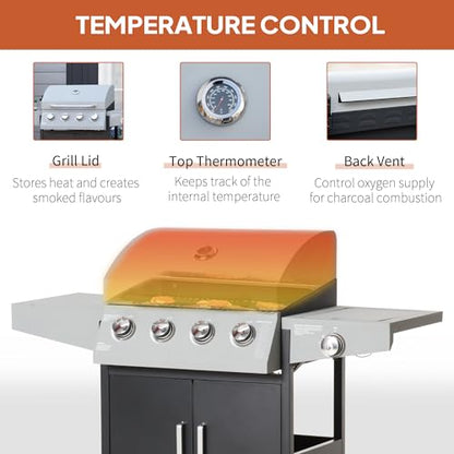 Outsunny 4 Burner Propane Gas Grill with Side Burner, 48,000 BTU Steel Outdoor Barbecue Grill with Cabinet, Shelf, Warming Rack, Thermometer, Wheels, Silver
