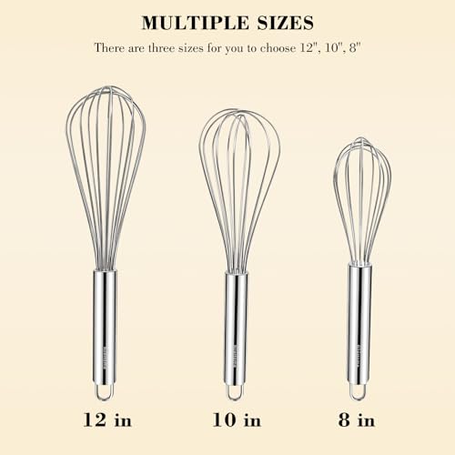 NileHome Stainless Steel Whisk Set 8" 10" 12" Kitchen Whisk Balloon Whisk Kitchen Wisk Wire Whisks for Cooking, Whisking, Blending, Beating, Stirring-3 Pack…
