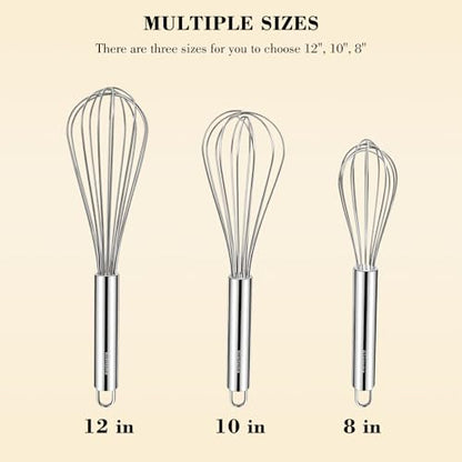 NileHome Stainless Steel Whisk Set 8" 10" 12" Kitchen Whisk Balloon Whisk Kitchen Wisk Wire Whisks for Cooking, Whisking, Blending, Beating, Stirring-3 Pack…