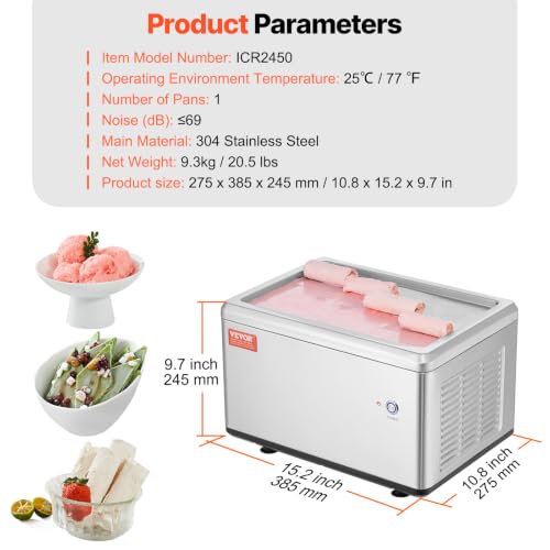 VEVOR Fried Ice Cream Machine, 12.6" x 8.5" 120W Stir-Fried Ice Cream Roll Maker with Compressor and 2 Scrapers, for Making Dessert Rolls, Frozen Yogurt