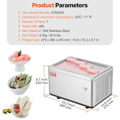 VEVOR Fried Ice Cream Machine, 12.6" x 8.5" 120W Stir-Fried Ice Cream Roll Maker with Compressor and 2 Scrapers, for Making Dessert Rolls, Frozen Yogurt