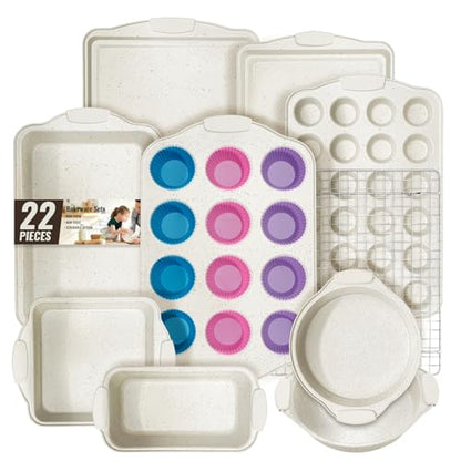 Baking Pans Set Nonstick, Stackable Bakeware Sets with Silicone Handles, AIVIKI 22 Pieces Oven Pan for Cooking Including Baking Cookie Sheet with Rack, Roast Pan, Cake Pan, Loaf Pan, Muffin Pan, Cream