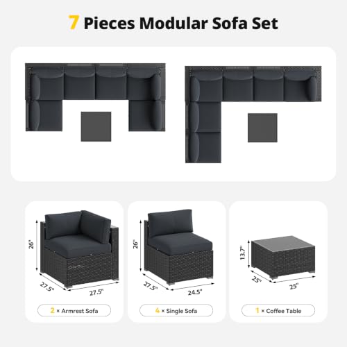 Aoxun Patio Furniture Set, 7 Piece Outdoor Sectional Sofas with Think Cushions, Wicker Rattan Outdoor Furniture Patio Conversation Set for Backyard, Garden Dark Grey
