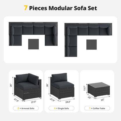 Aoxun Patio Furniture Set, 7 Piece Outdoor Sectional Sofas with Think Cushions, Wicker Rattan Outdoor Furniture Patio Conversation Set for Backyard, Garden Dark Grey