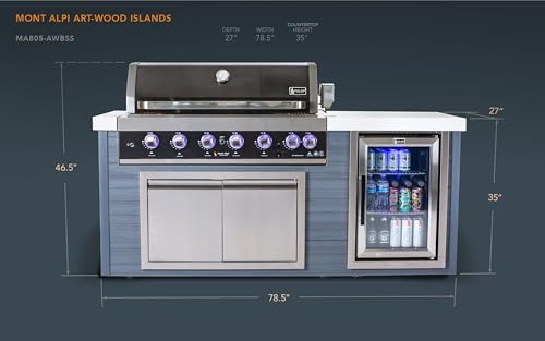 Mont Alpi Artwood Series - 78"W x 47"H x 27"D All Weather HDPE Outdoor Kitchen Island + Refrigerator & Double Access Doors + 44"W Black Stainless Steel 6-Burner Built-in BBQ Gas Grill + Rotisserie Kit