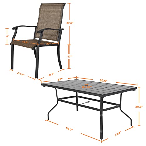 NUU GARDEN 7 Pieces Patio Dining Set, All-Weather Outdoor Furniture with 6 Textilene Dining Chairs and 61" Rectangle Metal Dining Table with Umbrella Hole for Patio Deck Garden, Black and Brown