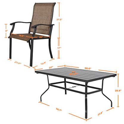NUU GARDEN 7 Pieces Patio Dining Set, All-Weather Outdoor Furniture with 6 Textilene Dining Chairs and 61" Rectangle Metal Dining Table with Umbrella Hole for Patio Deck Garden, Black and Brown
