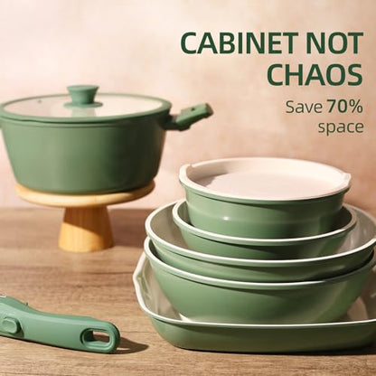 BECIGAR 23pcs Ceramic Pots and Pans Set, Nonstick Detachable Handle Cookware, Induction Kitchen Cooking Set with Removable Handle,include Frying Pans & Saucepans Oven Safe(Green)