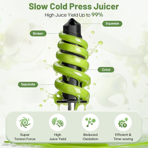 GVODE Cold Press Juicer, Powerful Masticating Juicer with Dual Feed Chute, Electric Juicer with Pulp Separation, Countertop Juicer Machines, 75dB, 3 Mode Operations, Overheat Protection
