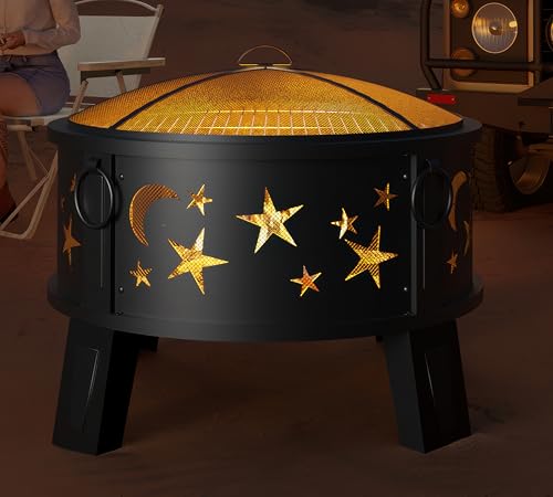 Kingson 26" Outdoor Fire Pit with Grill & Mesh Cover, Wood Burning Steel Firepit with Poker & Star Spark Screen, Heavy Duty Patio Fire Bowl for Backyard, Camping & Garden
