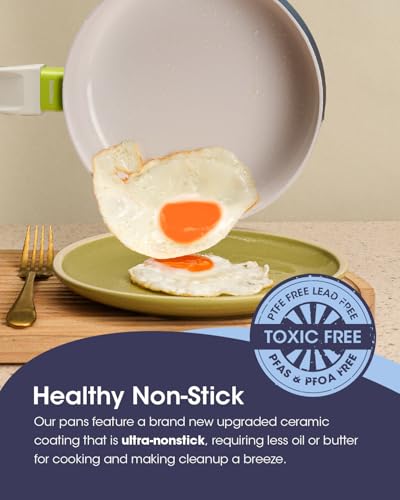 Ceramic Non Stick Sauce Pan, 2.5QT Saucepan with Frying Pan as Lid, Steamer Pot for Cooking, Induction Cookware Set, PTFE, PFOA & PFAS Free, Light Blue