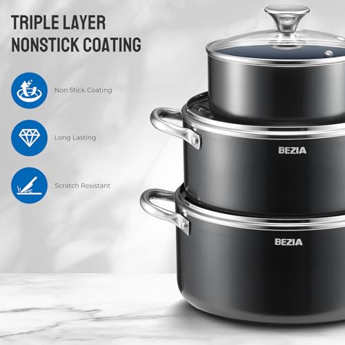 Induction Cookware Set 6-Piece, Stackable Kitchen Cooking Pots Set, 6qt 4.8qt & 2qt Pots with Lids, Dishwasher Safe & Oven Safe, Compatible with All Stoves, Black