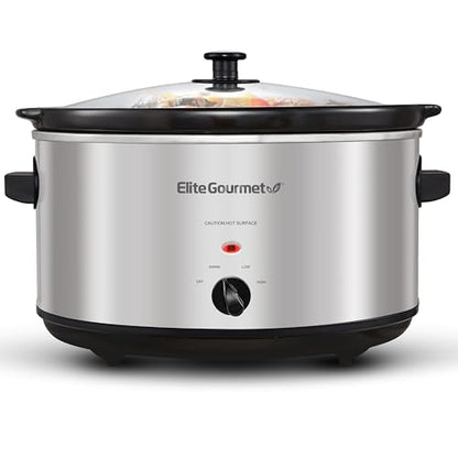 Elite Gourmet Stainless Steel Slow Cooker, Dishwasher-Safe with Tempered Glass Lid, Cool-Touch Handles, Removable Stoneware Pot, 8.5 Quart,MST-900V