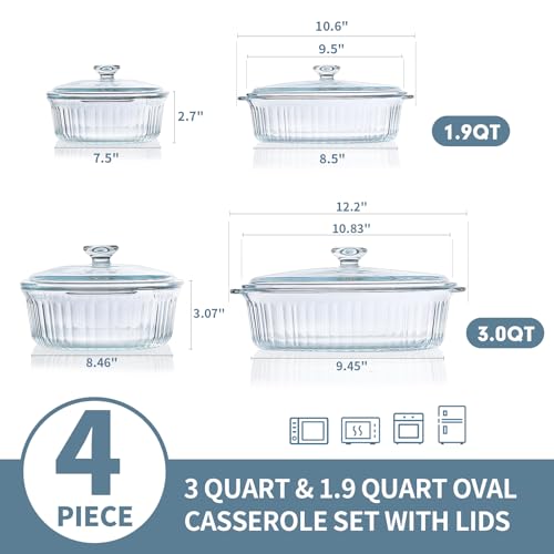 M MCIRCO 4-Piece Glass Casserole Baking Dish, Set of 2 Casseroles With Glass Lids, 1.9 Qt and 3 Qt