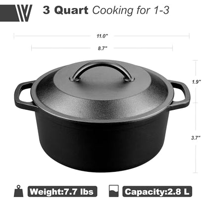 VORRINGARD Pre-Seasoned Cast Iron Dutch Oven with Lid, Round and Dual Handles, for Stovetop, Camping, Grill, Induction, Electric, Black, 3 qt