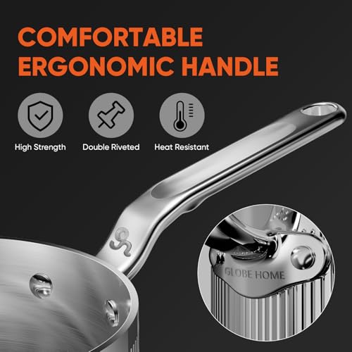 GLOBEHOME 2 Quart Saucepan with Lid, 5-Ply Stainless Steel Sauce Pan, Induction Compatible & Oven Broiler Safe to 800°F, Heavy Duty Sauce Pot for Even Heating, Dishwasher Safe