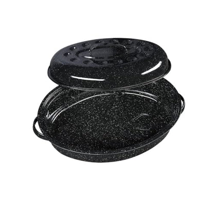 Granite Ware 15-Inch Covered Oval Roaster - Enamel Steel Basic Cookware, Nonstick & Chemical-Free, Dishwasher Safe - 10 Lb Capacity, Large Roasting Pan for Meats, Poultry, Vegetables (Speckled Black)