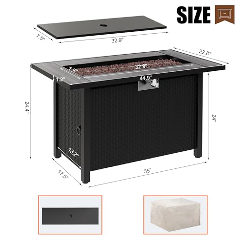 45 inch Propane Fire Pit Table, 50,000 BTU Outdoor Gas Fire Pit Table with Lid, Waterproof Cover, Rectangle Gas Firepit Table for Garden/Patio
