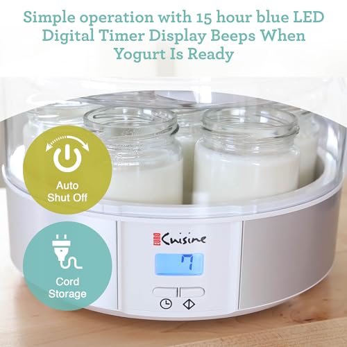 Euro Cuisine Yogurt Maker - YMX650 Automatic Digital Yogurt Maker Machine with Set Temperature - Includes 7-6 oz. Reusable Glass Jars and 7 Rotary Date Setting Lids for Instant Storage