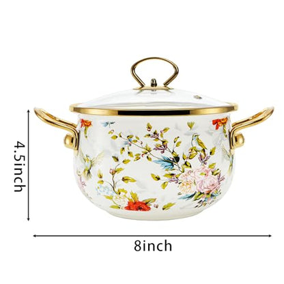 SOUJOY 2.8 Quart Enamel Stockpot with Glass Lid, Vintage Floral Soup Pot, Non-Stick Bean Stew Simmer Pot with Handle for Kitchen, Induction & Gas Stove Safe, Mother's Day, Wedding, Christmas Gift
