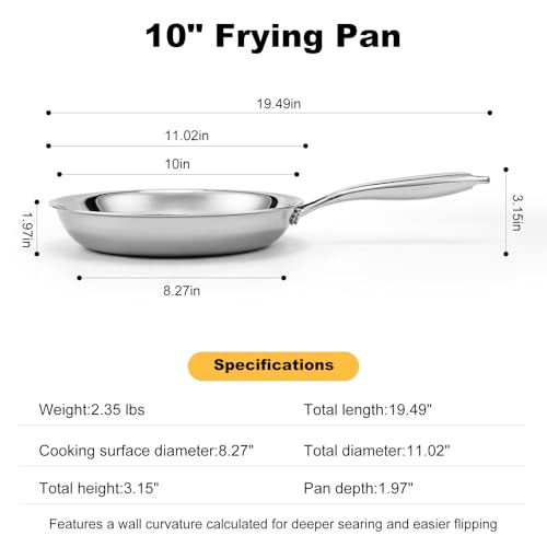 Ranbomer Tri-Ply Stainless Steel Frying Pan 10 Inch，Non-Toxic PFAS, PFOA & PTFE Free, Compatible With All Cooktops & Induction Safe, Oven Safe Pan for Searing & Sautéing.