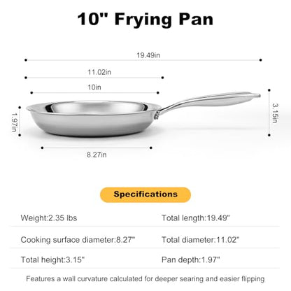 Ranbomer Tri-Ply Stainless Steel Frying Pan 10 Inch，Non-Toxic PFAS, PFOA & PTFE Free, Compatible With All Cooktops & Induction Safe, Oven Safe Pan for Searing & Sautéing.