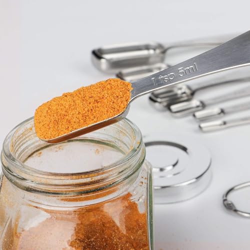 FANGSUN Narrow Measuring Spoons Set of 10, Heavy-Duty Stainless Steel Measuring Spoons with Long Handles & Engraved Measurements, Fits in Spice Jars, for Baking & Cooking