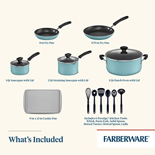 Farberware Cookstart Aluminum DiamondMax Nonstick Cookware Set, Kitchen Essentials, 15-Piece, Aqua