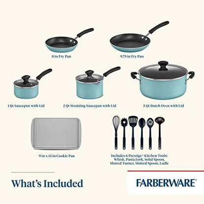 Farberware Cookstart Aluminum DiamondMax Nonstick Cookware Set, Kitchen Essentials, 15-Piece, Aqua