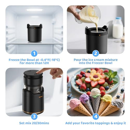 BRIOBITE Ice Cream Maker Machine,Quiet,Rechargeable,1–2 Servings,Black