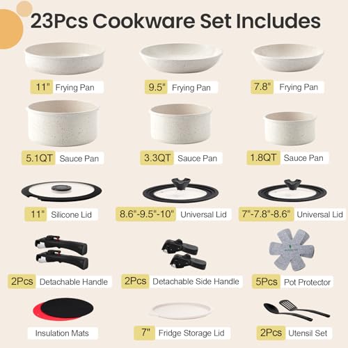 23 Pcs Nonstick Pots and Pans Set with 4 Detachable Handle, Ceramic Cookware Set Non Toxic, Induction Dishwasher Oven Safe Cookware Set, RV Kicthen Set Removable Handle, White Granite