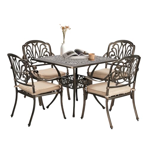 VINGLI 5-Piece Outdoor Patio Dining Set, Cast Aluminum All-Weather Outdoor Table and Chairs w/Cushion, Outdoor Furniture Set w/Umbrella Hole for Backyard Deck Poolside (Square, Elizabeth Back)