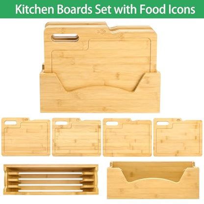ZENFUN 4 Pack 12.5"L x 9.8"W Bamboo Cutting Boards with Holder, Wood Cutting Board Set, Chopping Boards Set with Food Icons, Kitchen Cutting Board Ideal for Meat, Fish, Bread, Vegetable, Fruit