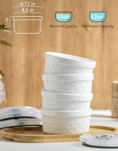 12 oz Ramekins with Lids Oven Safe, Creme Brulee Ramekins with Covers, Ceramic Small Baking Dishes Set of 4, Souffle Dishes Bowls Dishwasher Safe, Mothers Day Gifts for Mom