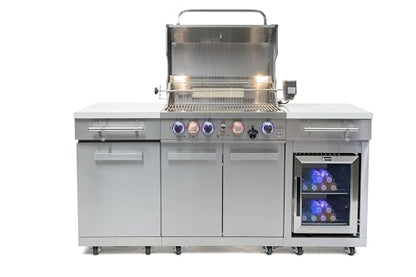 Mont Alpi Premium 70"W x 24"D Stainless Steel Compact Outdoor Kitchen Island with Refrigerator + 32"W 4-Burner BBQ Grill with Infrared Rotisserie Burner + Storage Cabinets + White Granite Countertops