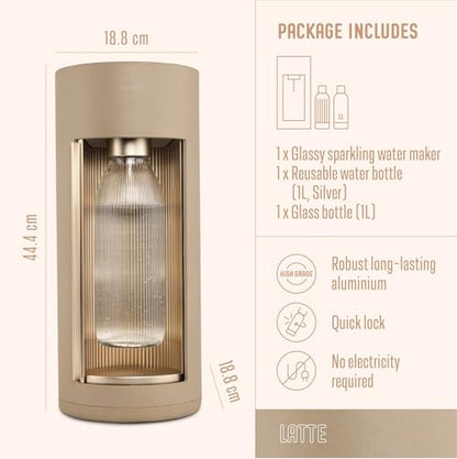 Mysoda Glassy Sparkling Water Maker + 1L Glass & 1L Plastic Bottles - Latte