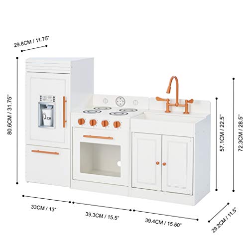 Teamson Kids Little Chef Paris Modular Contemporary Interactive Wooden Play Kitchen with Refrigerator, Oven, Sink, and Storage Space for Easy Clean Up, White with Rose Gold Finishes