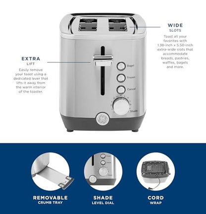 GE 2 Slice Stainless Steel Toaster, Extra Wide Slots for Toasting Bagels, Breads, Waffles & More, 7 Adjustable Shade Settings, Removable Crumb Tray, Countertop Kitchen Essentials, 850 Watts