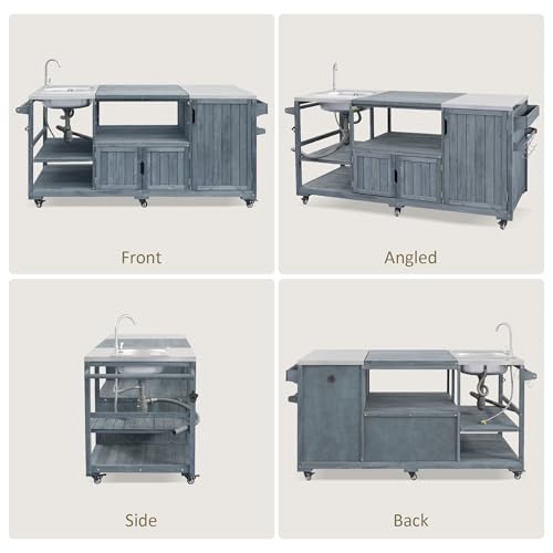 Merax 75.4" Outdoor Kitchen Island with Sink, Solid Wood Outdoor Grill Cart for Big Green Egg Grills, Rolling Outdoor Bar Cart with Stainless Steel Top for Pizza Prep & BBQ, Grey+Blue