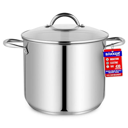 Stainless Steel Stockpot with Tempered Glass Lid 24 Quart, Durable 18/0 Stainless Steel, Impact-Bonded Base for Even Heating, Riveted Handles, Oven & All Stove Compatible, Safe Up To 500°F (260°C)