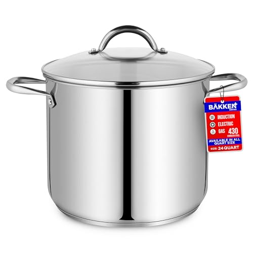 Stainless Steel Stockpot with Tempered Glass Lid 24 Quart, Durable 18/0 Stainless Steel, Impact-Bonded Base for Even Heating, Riveted Handles, Oven & All Stove Compatible, Safe Up To 500°F (260°C)