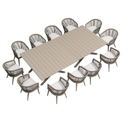 PURPLE LEAF Outdoor Dining Set for 12 All-Weather 14 Pieces Patio Aluminium Dining Large Table and Rope Weave Chairs Included Cushions for Deck Indoor Decor Kitchen Patio Furniture Set Champagne