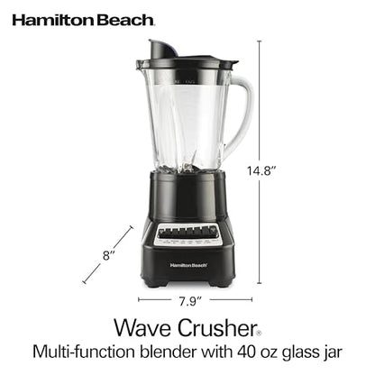 Hamilton Beach Wave Crusher Blender for Smoothies With 40 Oz Glass Jar and 14 Functions, Ice Sabre Blades & 700 Watts for Consistently Smooth Results, Black & Stainless Steel (54220)