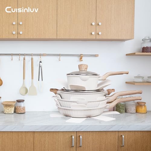 Cuisinluv 13-Piece Nonstick Pots and Pans Set – Granite Stone Kitchen Cookware Set, PFOA-Free – Includes Frying Pans, Saucepans, Sauté Pan – Induction Compatible, White