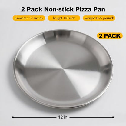 ZETEMC 12 Inch Pizza Pan Set of 2, Pizza Pan for Oven Pizza Steel Pie Plate, Nonstick Stainless Steel Baking Pan for Cookie Serving Tray Round Pizza Pans