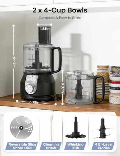 Ganiza 4-in-1 Food Processor with 2x4-Cup Bowls, Slice, Shred, Mince, Whisk