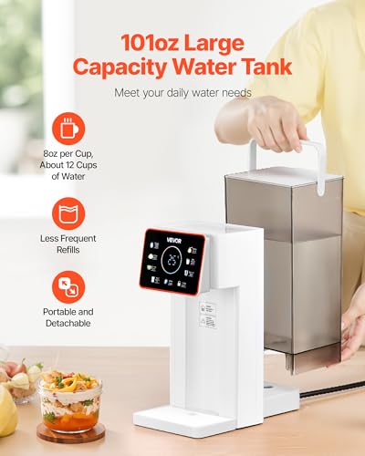 VEVOR Instant Hot Water Dispenser, Countertop Boiling Water Dispenser with Adjustable 6 Temperatures & 7 Water Volumes, 101oz Removable Water Tank, Quick Heating with Touchscreen & Child Lock for Home