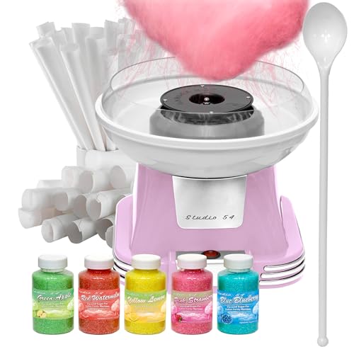 Studio 54 Retro Cotton Candy Machine with 5 Jars (11oz Each) Floss Sugar, 50 Paper Cones, Easy Cleanup Cotton Candy Maker, Durable Retro Design, Makes 20–30 Servings per Jar, BPA & Lead Free
