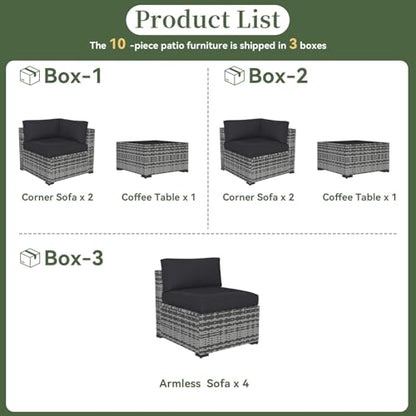 Aoxun 10 Piece Patio Furniture Set Wicker Rattan Patio Conversation Set